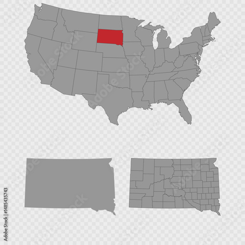 South Dakota map set with USA location, clean outline, and full county breakdown.
