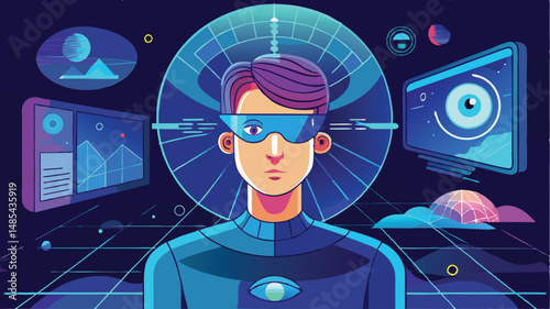 Virtual reality experience with a user wearing VR goggles interacting with digital graphics and data in a futuristic environment