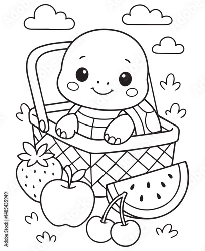 Coloring book turtle sits happily inside a picnic basket surrounded by a strawberry, an apple, cherries,