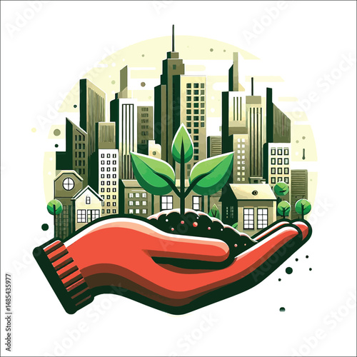 Urban Farming Concept with Plant in Hand and Cityscape Background