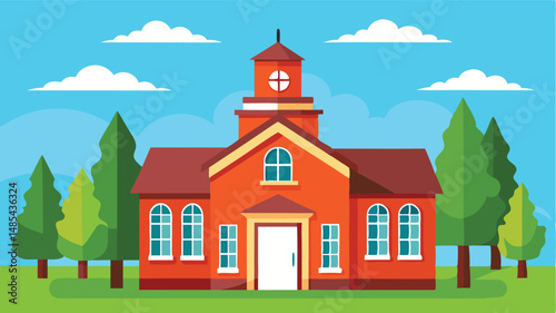 Charming vector illustration of a school building in a sunny environment surrounded by trees and a vibrant sky