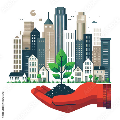 Urban Farming Concept with Plant in Hand and Cityscape Background
