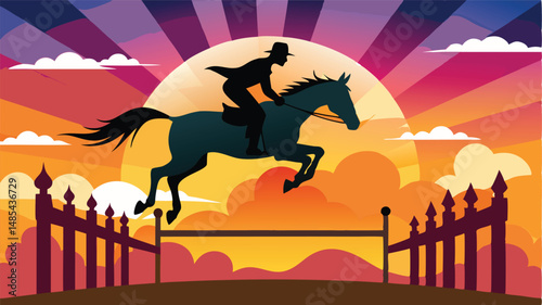 Equestrian rider jumping over a fence during sunset in a vibrant vector illustration with colorful sky and surrounding landscape