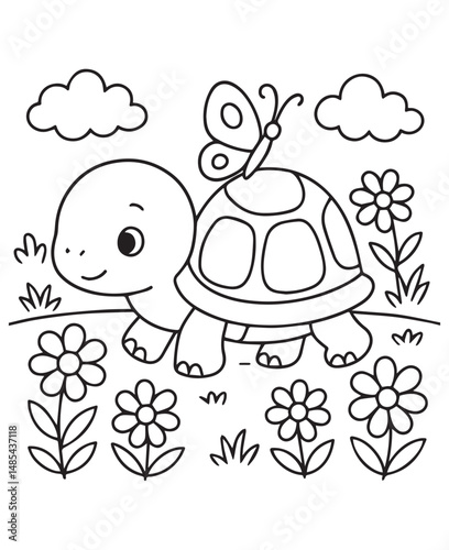 Coloring book turtle walks through a field of daisies with a butterfly perched on its shell under 