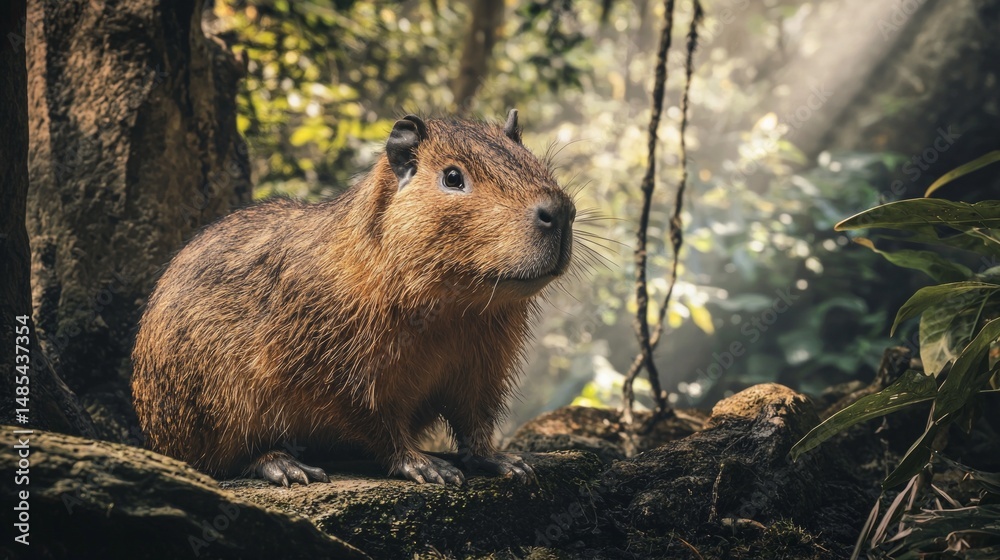 A small brown rodent is standing on a rock in a forest A small brown rodent is standing on a rock in a forest
