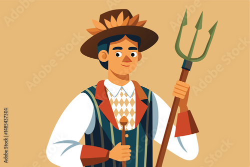 Rural farmer holding a pitchfork stands confidently in a vibrant landscape under a bright sky, embodying the spirit of traditional agriculture in a colorful vector illustration