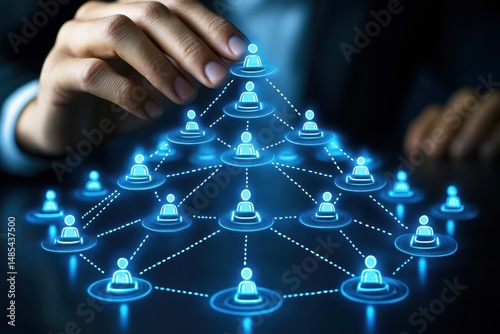 Abstract concept of digital network connecting individuals with glowing icons and links representing communication and collaboration in a virtual environment