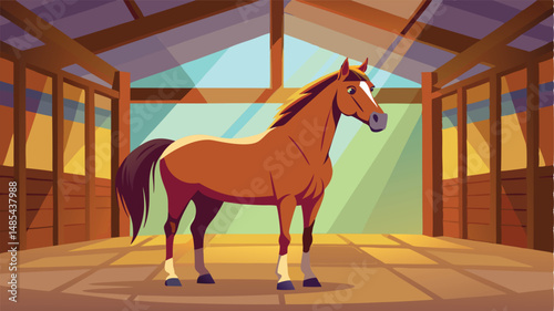 Beautiful brown horse standing in a vibrant, sunlit stable with wooden beams and a warm atmosphere, showcasing its sleek coat and lively expression in a colorful vector illustration