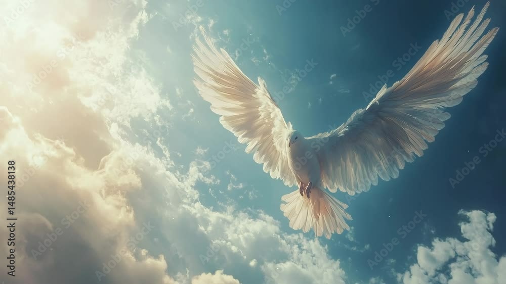 A white dove is flying in the sky with a blue background. Concept of ...
