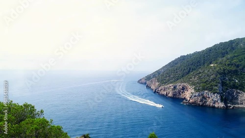 White motorboat leaving curved wake across sea, highlighting rocky cliff and pine tops in 3D render