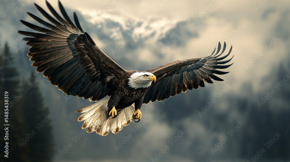 Obraz premium Majestic Bald Eagle in Flight: Dramatic Mountain Landscape