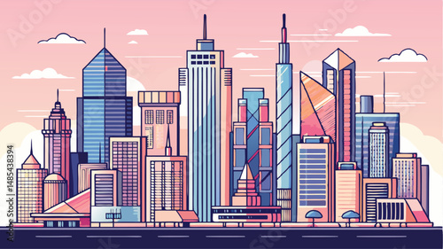 Colorful vector illustration of a modern city skyline featuring skyscrapers, geometric buildings, and a vibrant sunset backdrop with soft clouds and clear outlines