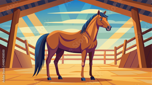 Beautiful brown horse standing in a vibrant, sunlit stable with wooden beams and a warm atmosphere, showcasing its sleek coat and lively expression in a colorful vector illustration