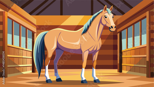 Beautiful brown horse standing in a vibrant, sunlit stable with wooden beams and a warm atmosphere, showcasing its sleek coat and lively expression in a colorful vector illustration