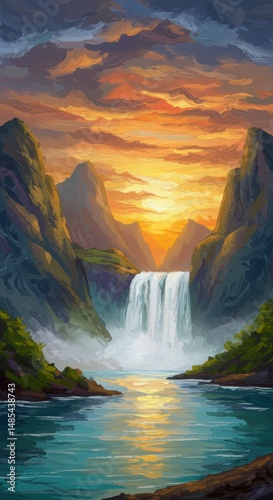 Majestic waterfall cascade serene mountain landscape digital painting vibrant environment captivating viewpoint nature illustration for tranquil home decor