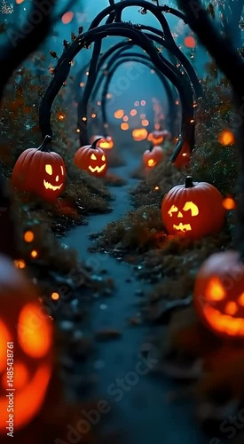 A twisting pumpkin vine maze glowing with bioluminescence, inviting viewers deeper into the labyrinth
