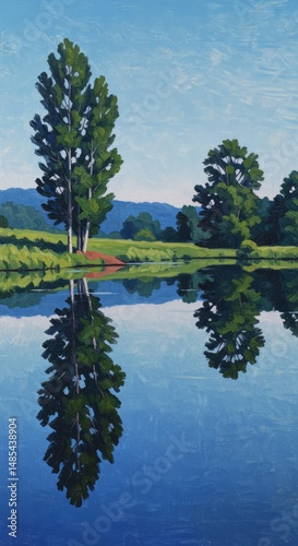 Serene reflection of green trees in tranquil lake nature painting and illustration peaceful environment scenic viewpoint capturing harmony in nature