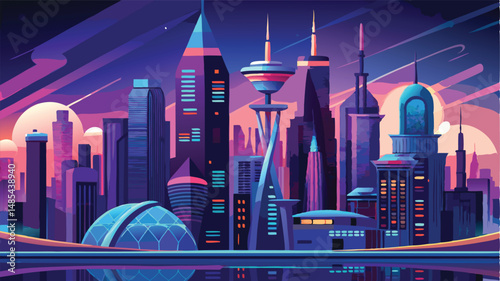 Vector clipart showcasing a futuristic city skyline during twilight with vibrant colors and distinctive architectural structures