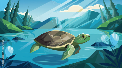 Turtle swimming in serene lake surrounded by mountains and trees during daytime, with reflections in clear water