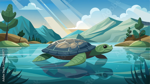 Turtle swimming in serene lake surrounded by mountains and trees during daytime, with reflections in clear water