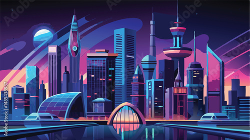 Vector clipart showcasing a futuristic city skyline during twilight with vibrant colors and distinctive architectural structures