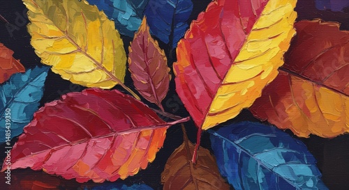 Vibrant autumn leaves painting nature scene colorful illustration close-up view artistic representation of fall foliage rich textures and shades