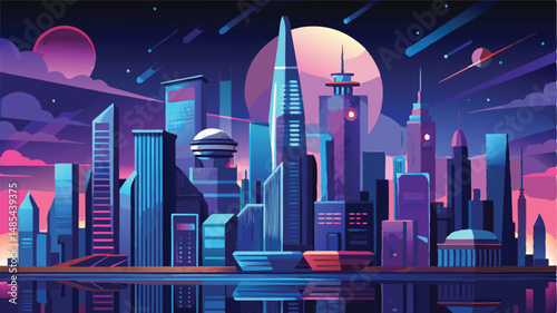 Vector clipart showcasing a futuristic city skyline during twilight with vibrant colors and distinctive architectural structures