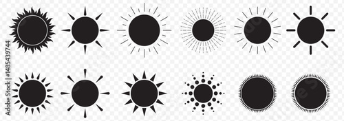 Sun icon set. Black Silhouette sun icons. Shine sun ray set. Sunset icon collection. Black  sun star icons vector on Transparent Background. EPS 10.