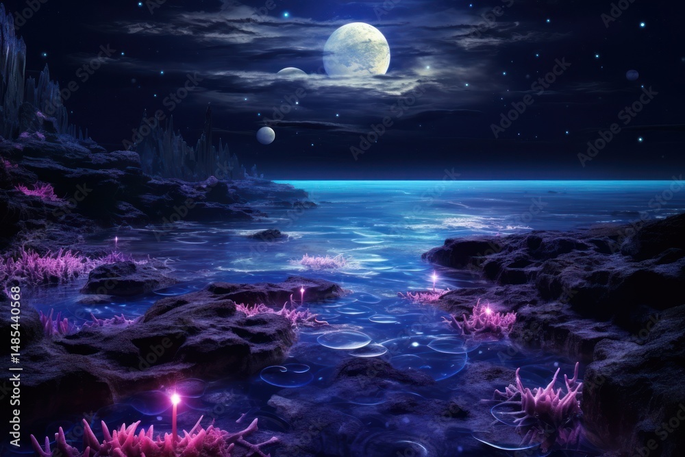 Fototapeta premium Neon ocean landscape astronomy outdoors nature.