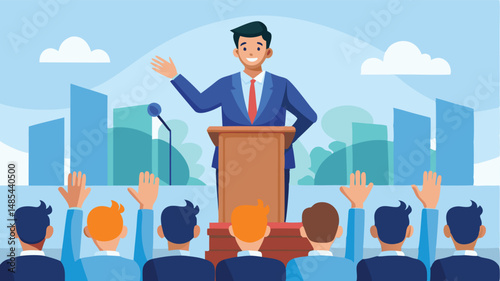 Vector illustration of a confident speaker addressing an audience at a public event during the daytime with vibrant background and engaging atmosphere