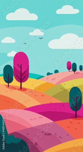 Vibrant landscape painting illustration of rolling hills and colorful trees in a serene nature setting captured from a scenic viewpoint to evoke a sense of tranquility and wonder
