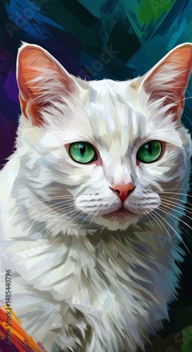 Vibrant action of a white cat painting illustration indoor studio environment colorful artistic perspective capturing the essence of feline grace