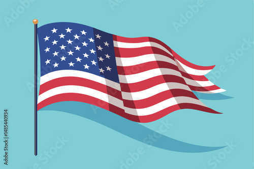 Waving American flag icon in vector style against a light blue background representing patriotism and national pride