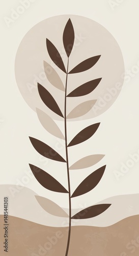 Nature-inspired minimalist illustration of a leafy stem calm earth tones digital painting tranquil environment abstract viewpoint artistic concept