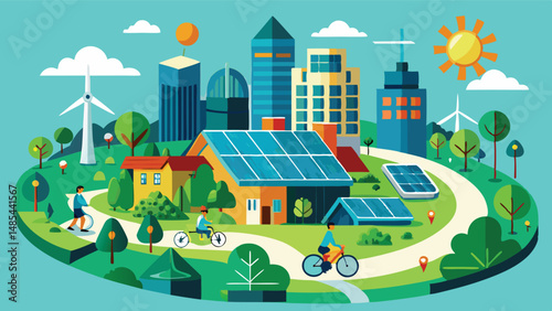 Sustainable urban living illustrated with vibrant vector art showcasing eco-friendly technology and active lifestyles in a green community setting