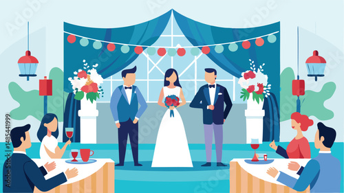 Celebration of a wedding ceremony with joyful guests and a beautiful bride at a festive reception in a decorated hall