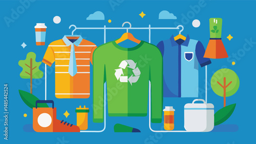 Colorful vector illustration of eco-friendly clothing items hanging alongside plants and recycling symbols in a modern setting