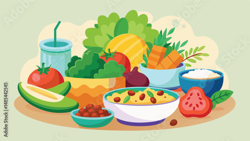 Delicious spread of fresh fruits and vegetables displayed on a green platter with healthy smoothie for a vibrant meal