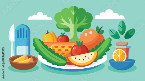 Delicious spread of fresh fruits and vegetables displayed on a green platter with healthy smoothie for a vibrant meal