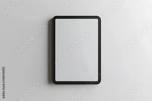 Minimalist design mockup of a digital tablet screen floating on a grey surface