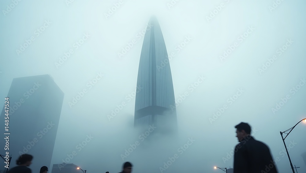 Obraz premium Modern skyscraper emerging from dense fog with silhouetted figures in urban setting