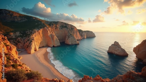 Sunny dawn panorama of Cala Pregonda (beach) with golden sand and calm turquoise waters.