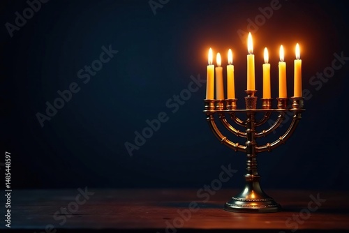 A traditional menorah lit for Hanukkah, glowing warmly against a dark background , hanukkah menorah, symbol, menorah