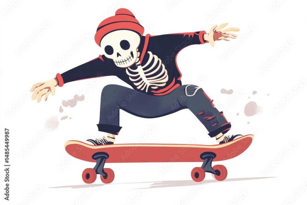 Fototapeta premium A skateboarding skeleton figure in dynamic action.