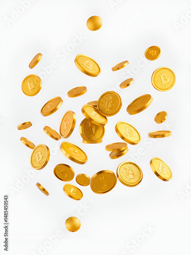 Floating gold coins in motion, isolated on transparent cutout background