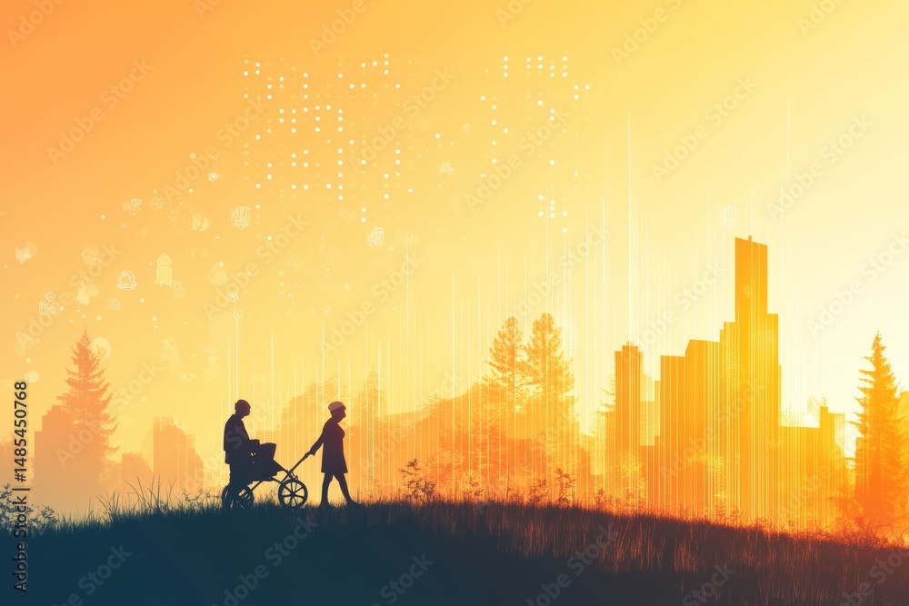 Fototapeta premium Silhouette of person in wheelchair and walking companion at sunset cityscape