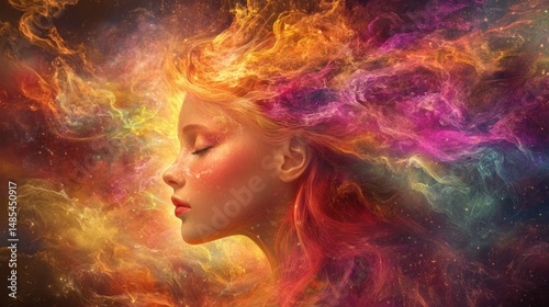 Celestial beauty: A serene woman bathed in vibrant cosmic energy streams