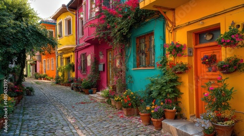 Vibrant Colorful Houses, Flowers, Cobblestone Street, Sunny Day, Picturesque European Town, Architecture, Travel Destination, Summer Vibes, Garden, Vacation,  Holiday, Tourist Attraction