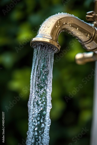 Close-up of a brass outdoor water faucet with clear water flowing, droplets on the faucet, and a blurred natural green background
