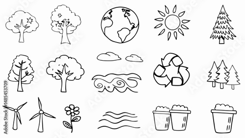 Illustration showing environmental elements including trees earth sun recycle wind turbines and water waves